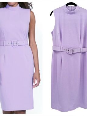 New York & Company Mock Neck Belted Midi Dress Size Medium Pretty Lilac Sheath